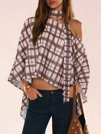 Avenya Women's Plaid Asymmetrical Shoulder Casual Versatile Daily Wear Shirt