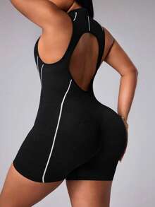 Rhythm Era Plus Size Women's Seamless Black Summer Athletic Midsize Pilates Sleeveless Hollow-Out Backless Jumpsuit,Tummy Control Exercise Yoga Shorts Bodysuit - Black and White - View 2