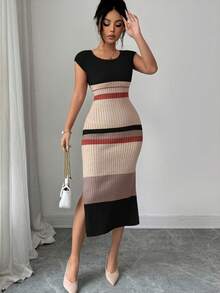 Elenzga Vestido de punto elegante de manga corta con cuello en U, ajustado, de largo medio y bajo con abertura, diseño de rayas, estilo versátil de señora, nuevo para primavera/verano - Multicolor - Ver 5