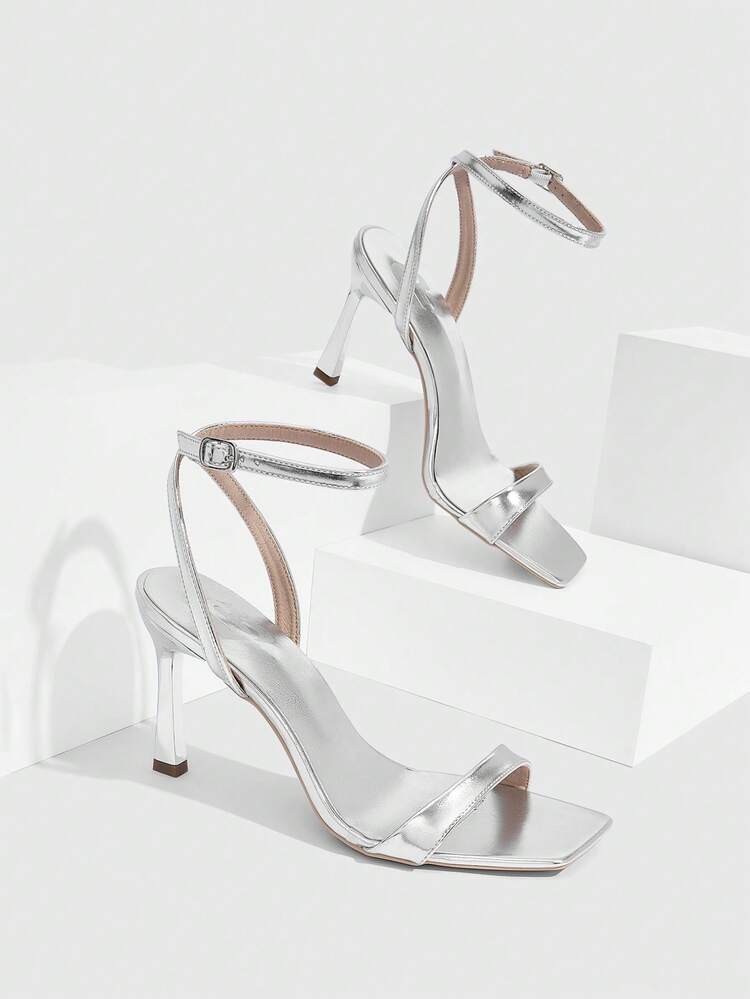 CUCCOO SZL Women Shoes Spring And Summer New Silver Ankle Strap Women's High Heel Sandals Stylish Simple Comfortable Versatile Sexy Party Banquet Women's Sandals