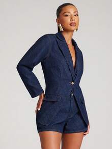 NYA SZN Justine Denim Blazer Top Collared Argyle Textured Easter St. Patricks Day Brunch Casual Everyday Going Out Party Special Occasion Travel Vacation Office Siren Western Country Date Night Elegant Luxury Business Casual Event Everyday Wedding Brunch Office Gyaru Street Style Spring Summer Statement Carnival Bridal Shower Outfits For Women - Dark Wash - View 6