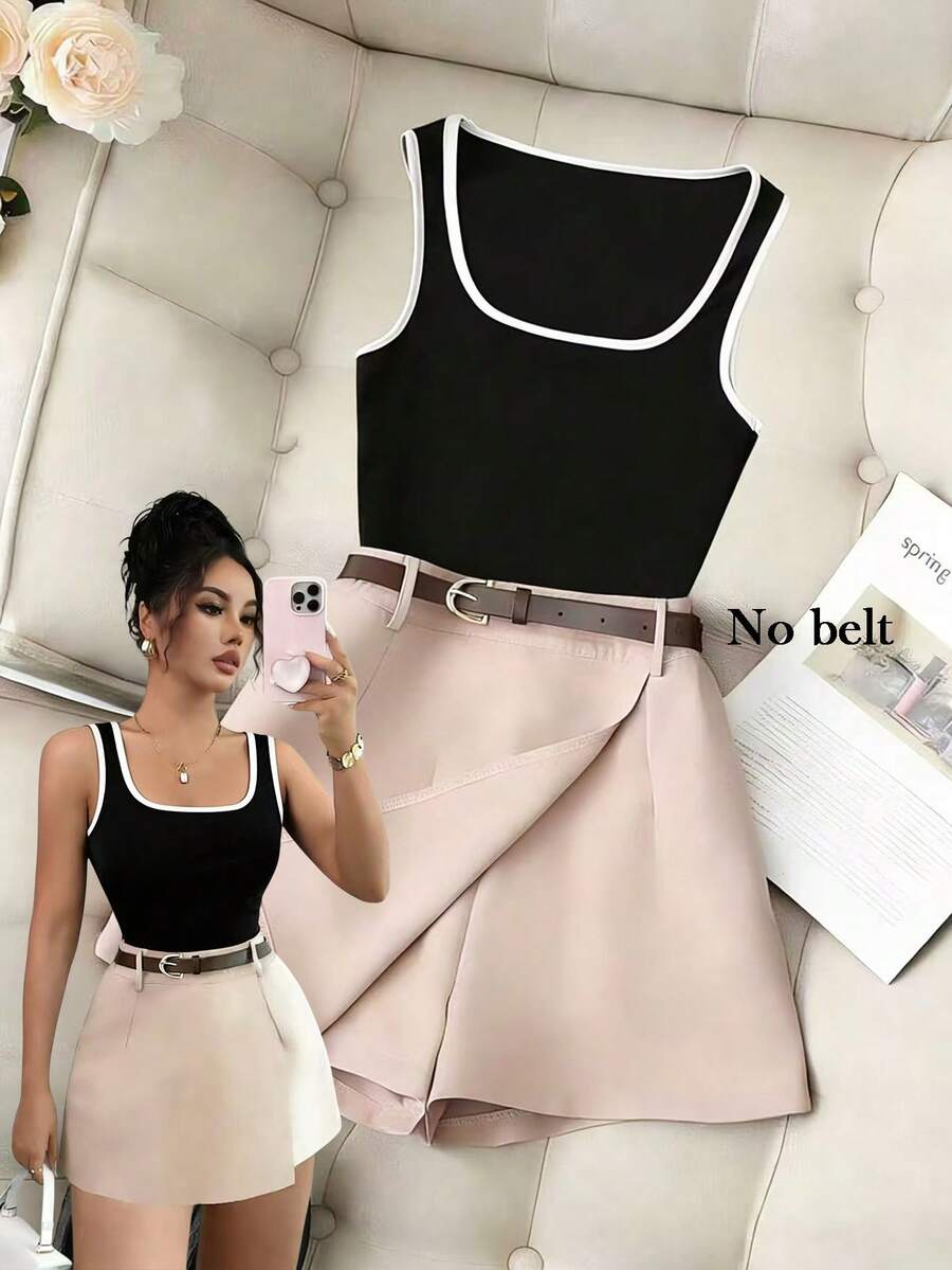 SHEIN Franclia Bộ 2 món thời trang nữ hàng ngày đa năng: áo tank top dệt kim gân màu đen trắng tương phản phối cùng quần short ống rộng màu kaki, thích hợp cho mùa xuân/hè. - Nhiều màu - Xem 1