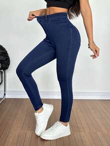 SHEIN Tall 女士夏季休闲高腰紧身牛仔裤，深蓝色弹力提臀收腹修身牛仔裤，带口袋，适合日常和街头穿搭。女士弹力腰紧身休闲牛仔裤。 - 深色水洗藍 - 查看 8