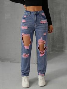 SHEIN EZwear 女士口袋纽扣做旧休闲百搭日常牛仔裤 - 紫色 - 查看 5