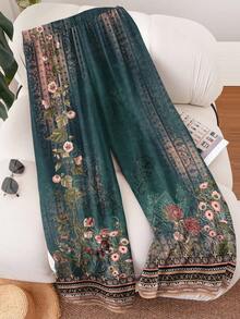 CosyJoli 大码女式印花抽绳腰休闲百搭阔腿裤，适合日常穿着 - 墨綠色 - 查看 2