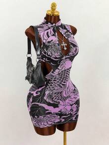 Mistrie Summer Vintage Dragon Print Sheer Mesh Hollow Out Chinese Collar Cheongsam Style Dress For Women,Purple Trashy Y2K Club Night Bodycon Dresses - Mauve Purple - View 3