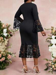 Fleurora Plus Size Women V-Neck Contrast Lace Flare Sleeve Mermaid Hem Fitted Elegant Dress Lace Black Dress Long Sleeve Elegant Dress Black Dress Classy Elegant Black Church Dress Black Dress Black Dresses For Women Elegant Dresses For Women Elegant Dresses Prom Dress Prom Dresses Ball Gown Going Out Outfits Going Out Outfits Party Dresses For Women Spring Dress Women Elegant Midi Dress Black Lace Dress Black Wedding Guest Dress - Black - View 2