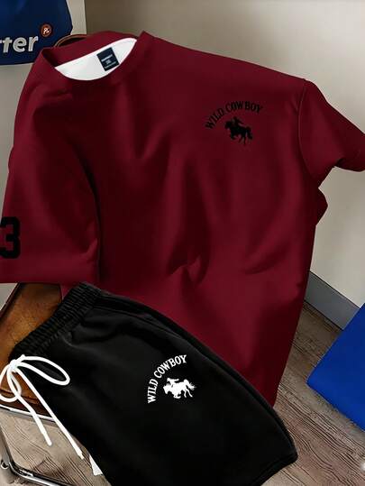 Chillumni 狂野牛仔酒红色复古男士短袖短裤套装，夏季宽松休闲运动两件套，酒红色T恤+黑色短裤，男士街头时尚休闲运动服，街头风运动装