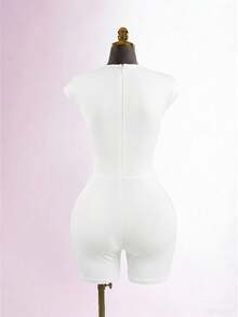 Lyxana Women's Sexy Hollow Metal Buckle Deep V-Neck Bodycon Romper, Summer - White - View 2