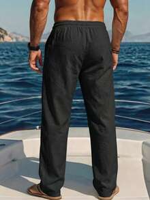 Manfinity RSRT Pantalones casuales para hombres con bolsillos, cintura elástica con cordón, ajuste holgado, para vacaciones - Negro - Ver 2