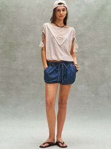 Bohemela Summer BOHO Easter Music Festival Casual Vacation Countryside Retro Outfit Daily Wear Casual Knit Contrast Lace Round Neck Loose Women T-Shirt Women's Tops For Summer Boho Tops For Women,Summer Top - Apricot - View 7