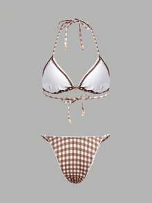 lacRébo Brown And Ecru Gingham Triangle Bikini Set With A Little Gold Charm Cute Checkered Swimwear 2 Piece Swimsuit Holiday Beachwear Spring Summer French Style Parisian Style - Brown - View 7