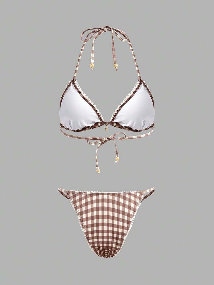 Brown And Ecru Gingham Triangle Bikini Set With A Little Gold Charm Cute Checkered Swimwear 2 Pieces Swimwear Holiday Beachwear Spring Summer French Style Parisian Style