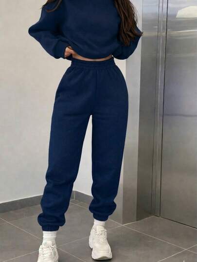 Conjunto Pants Pans Deportivo Mujer Sudadera Oversized Cuello Redondo Manga Larga Joggers Cintura Elástica Bolsillos Ajuste Relajado Color Gris Casual Urbano Diario Primavera Invierno Otoño Lindo Atemporal Cómodo Hoodie