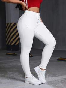SHEIN Jeanoir Quần jean denim nữ cỡ lớn, có túi và cúc, kiểu dáng rách, thoải mái, đa năng, thích hợp mặc hàng ngày. - trắng - Xem 3