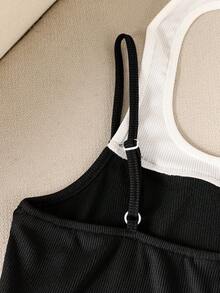 Squishy Tween Girls Black And White 2 In 1 Style Tank Top,Fitted Summer Basic School Casual Everyday Short-Sleeved Top For Girls Outings - Black and White - View 4