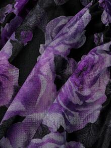 SHEIN MOD Vintage 70s Oil Painting Floral Print Ruched Dress – Slim Fit Mermaid Hem For Date, Party, Prom & Festival In Glamorous Court Style,Summer Dresses For Women - Purple - View 4