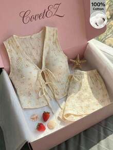 CovetEZ 女士V领蝴蝶结无袖上衣和弹力抽绳短裤两件套，碎花图案，休闲乡村风 - 黃色 - 查看 7