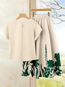 Rusticease 女士休闲插肩袖上衣和印花阔腿裤两件套，适合春、夏、秋季休闲穿着 - 彩色 - 查看 2