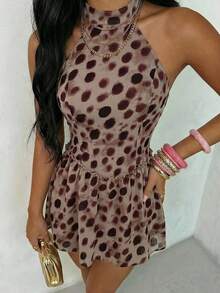 Glamine Sexy Tie Dye Cow Spot Print Sleeveless Midi Dress With Fake Collar - Multicolor - View 5