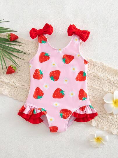 SHEIN Baby Girl Butterfly Decor Strawberry Print One-Piece Swimsuit
