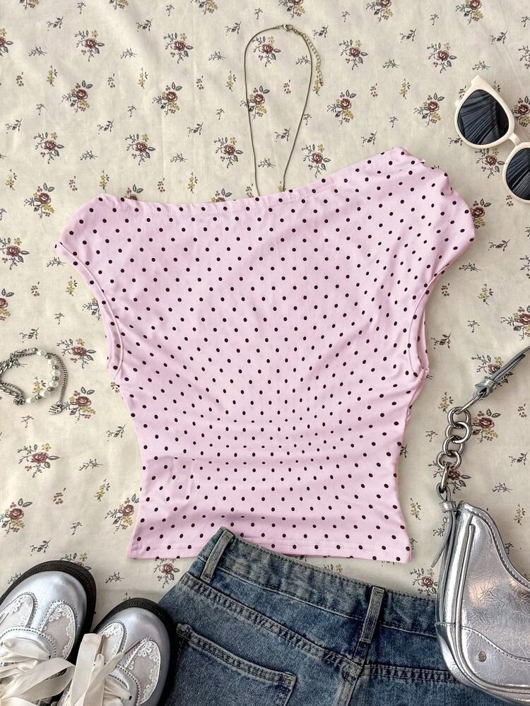 Attitoon Women's Asymmetric Ruched Cropped Top,Pink Top - Pink - View 2