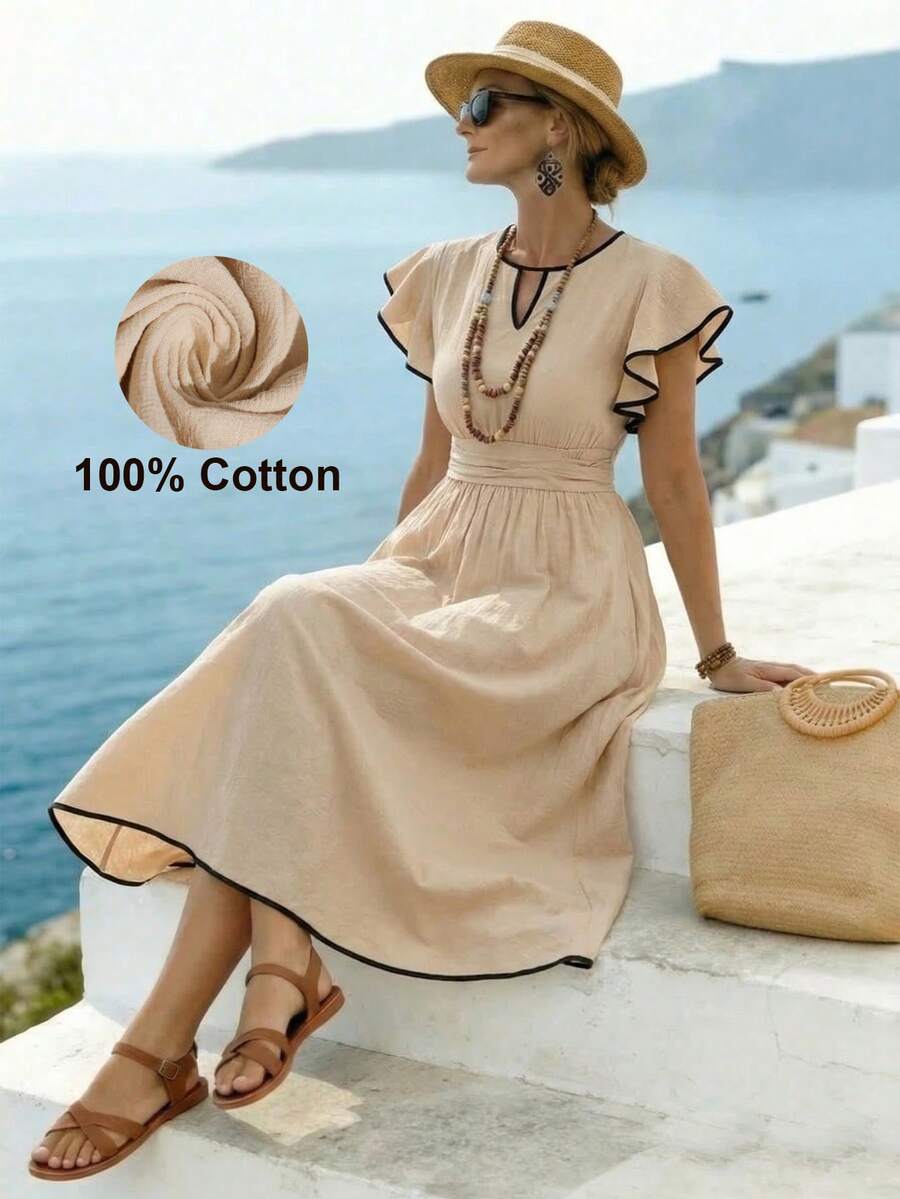 Linhara CURVE Vestido elegante con cuello en V y volantes en la cintura, adecuado para ir al trabajo, cenar con amigos, pasear de forma casual, estilo minimalista y elegante, para primavera/verano - Albaricoque - Ver 1