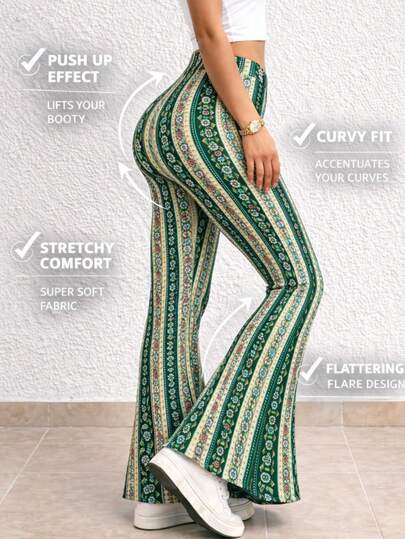 leggin acampanado dama diseño boho cintura alta moldeador strech sexy casual elegante uso diario retro curvy fit flare comodo ligero primavera verano