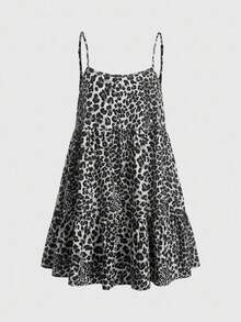 Solavibe Plus Size Leopard Print Casual Sleeveless Dress For Women, Summer/Autumn - Dark Grey - View 12
