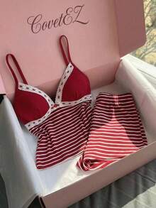 CovetEZ Women Striped Camisole And Shorts 2 Pieces Casual Set Cute Two Piece Set Cute Matching Sets Cute Sets For Vacation Matching Summer Sets Striped Bikini Set - Red and White - View 3