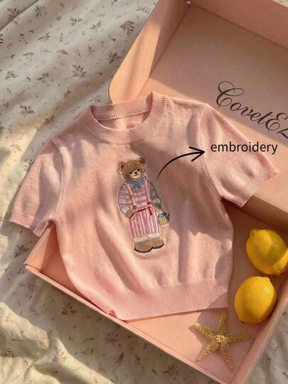 CovetEZ ملابس علوية محبوكة قصيرة الأكمام بياقة مستديرة مطرزة بشكل دب كرتوني للنساء