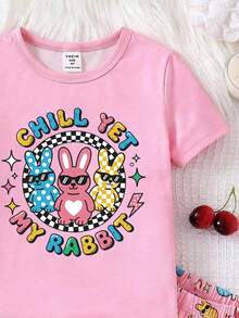 2件套女童可爱兔子太阳镜印花针织圆领上衣和短裤套装，弹力舒适休闲家居服，白色，春夏款 - 粉色 - 查看 3