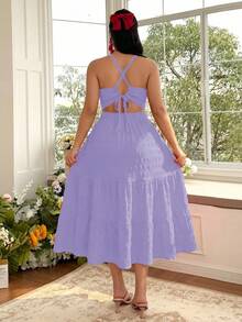 SHEIN Clasi Plus Size Purple Halter Midi Dress Sleeveless With Ruffle Hem And Tiered Design Casual Woven Fabric - Purple - View 4