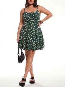 Solavibe 加大码夏季性感深绿色碎花印花细肩带吊带迷你连衣裙 - 墨綠色 - 查看 7