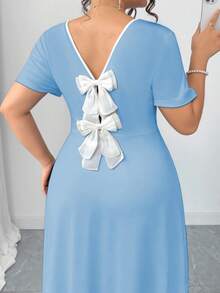 Elenzga 大码女式圆领蝴蝶结装饰时尚派对短袖连衣裙 - 藍色 - 查看 8