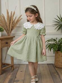 女童甜美公主风刺绣荷叶边领长袖花瓣袖提花面料时尚连衣裙，适合派对、生日、节日、所有季节 - 綠色 - 查看 3