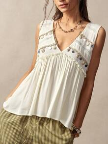 Bohemela Women's Off-White Boho Summer Tank Top,Vacation Holiday Handcrafted Shell Tassel Patchwork Ruffled Hem Casual Sleeveless Top For Beach Festival - Apricot - View 1