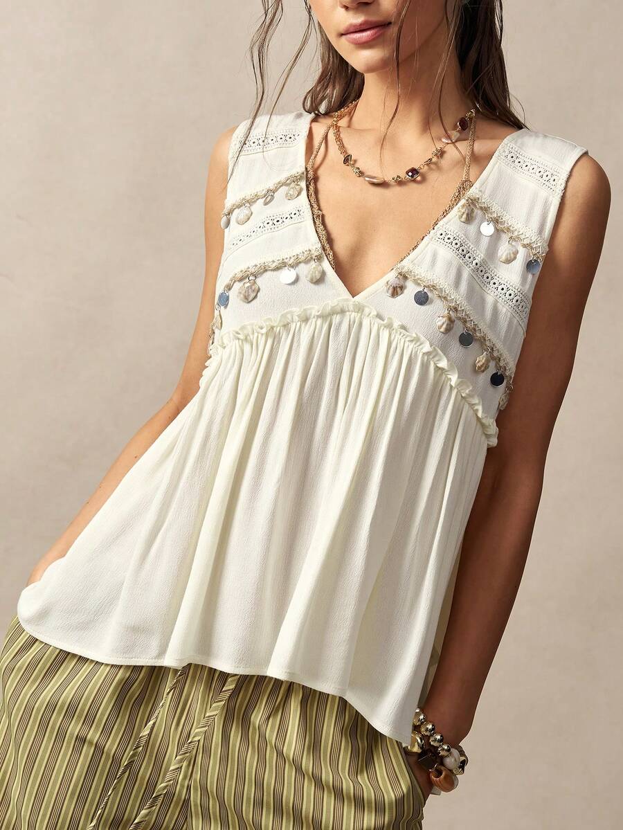 Bohemela Women's Off-White Boho Summer Tank Top,Vacation Holiday Handcrafted Shell Tassel Patchwork Ruffled Hem Casual Sleeveless Top For Beach Festival - Apricot - View 1
