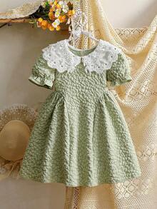 女童甜美公主风刺绣荷叶边领长袖花瓣袖提花面料时尚连衣裙，适合派对、生日、节日、所有季节 - 綠色 - 查看 4