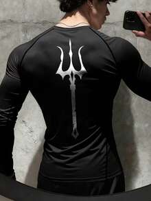 GymBeat Men's Gothic Pattern Round Neck Casual Versatile Daily Wear & Sports Long Sleeve T-Shirt - Black - View 2