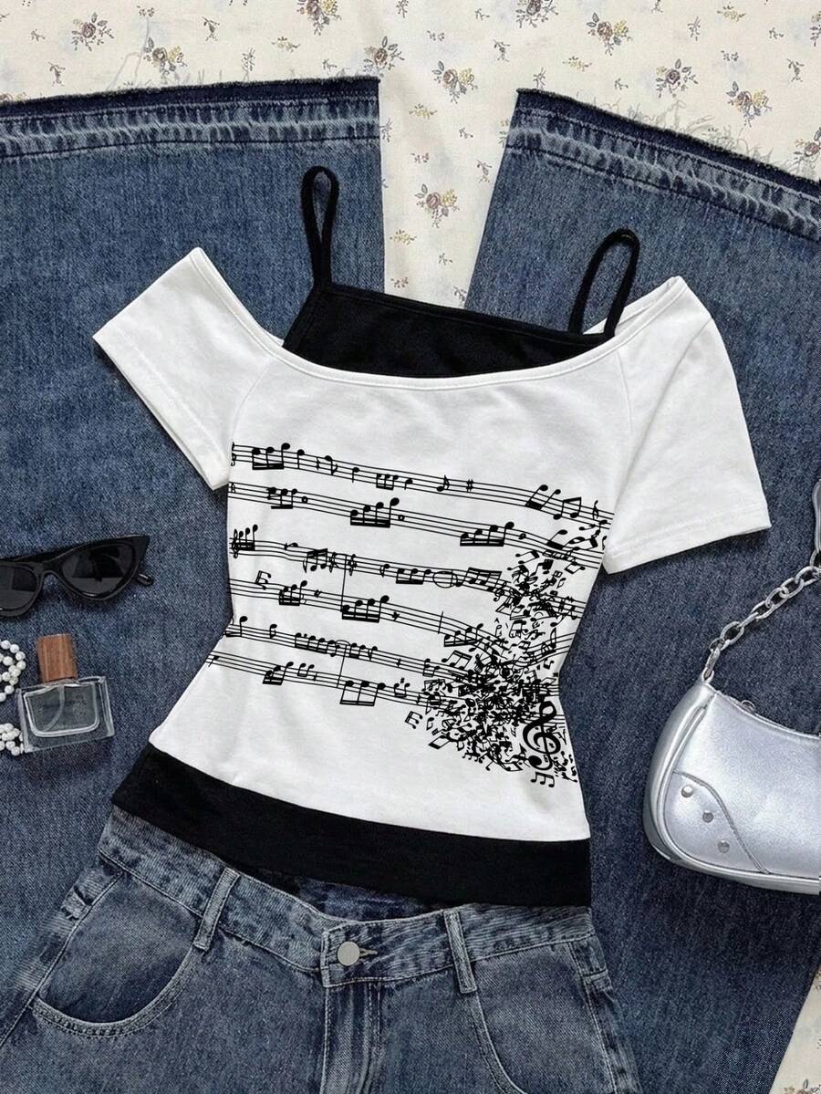 少女音符印花不对称肩部无袖T恤,休闲舒适,适合春夏穿着,设计适合户外、运动、野餐、街头摄影、居家、校园、节日、送礼等场合。 - 灰色 - 查看 1