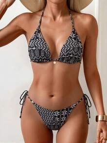 Swim Vcay Bộ bikini nữ mùa hè mới, kiểu cổ yếm, in họa tiết, có dây buộc bên hông. - màu đen - Xem 1