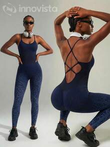 Innovista Seamless Women Navy Leopard Stripes Gradient Sport Jumpsuit,Removable Cups Asymmetric Back Straps Mesh Yoga Jumpsuit,Summer Sexy Gym Workout Jumpsuit - Blue - View 8