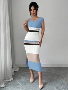 Elenzga Women's Spring/Summer New U-Neck Fitted Mid-Length Hem Slit Half Sleeve Elegant High-End Knit Dress, Striped Design, Versatile Lady Style - Multicolor - View 6