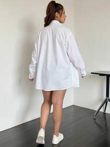 INAWLY 大码女式纯色单排扣休闲百搭日常长袖衬衫 - 白色 - 查看 2