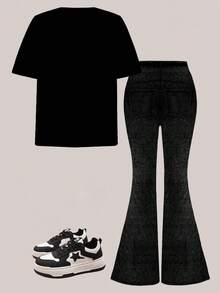 2pcs/Set Tween Girls Black Cartoon Character Print Loose Fit Crew Neck Short Sleeve T-Shirt And Flare Pants, Casual Outfit For Spring/Summer Daily Wear And Outings - Multicolor - View 2