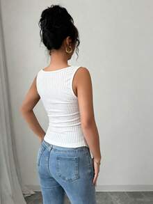 SHEIN Elenzya Women's Solid Color Ribbed Faux Pearl Button Design Casual Tank Top - White - View 5