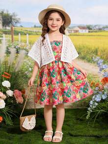 2pcs/Set Young Girl' Lily Flower Strap Dress & Lace Hollow Tassel Top Outfit - Multicolor - View 3