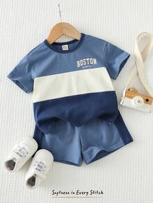 Cozy Pixies 2pcs Baby Boy Contrast Color Knit Soft Round Neck Short Sleeve Top And Elastic Waist Shorts Set - Apricot - View 9