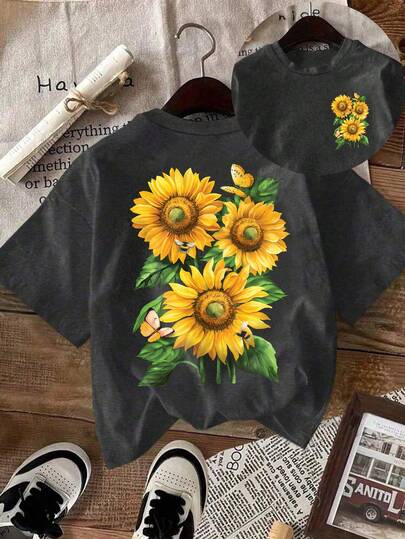 DrmWander Plus Size Women Sunflower & Butterfly Print Round Neck Short Sleeve Casual T-Shirt
